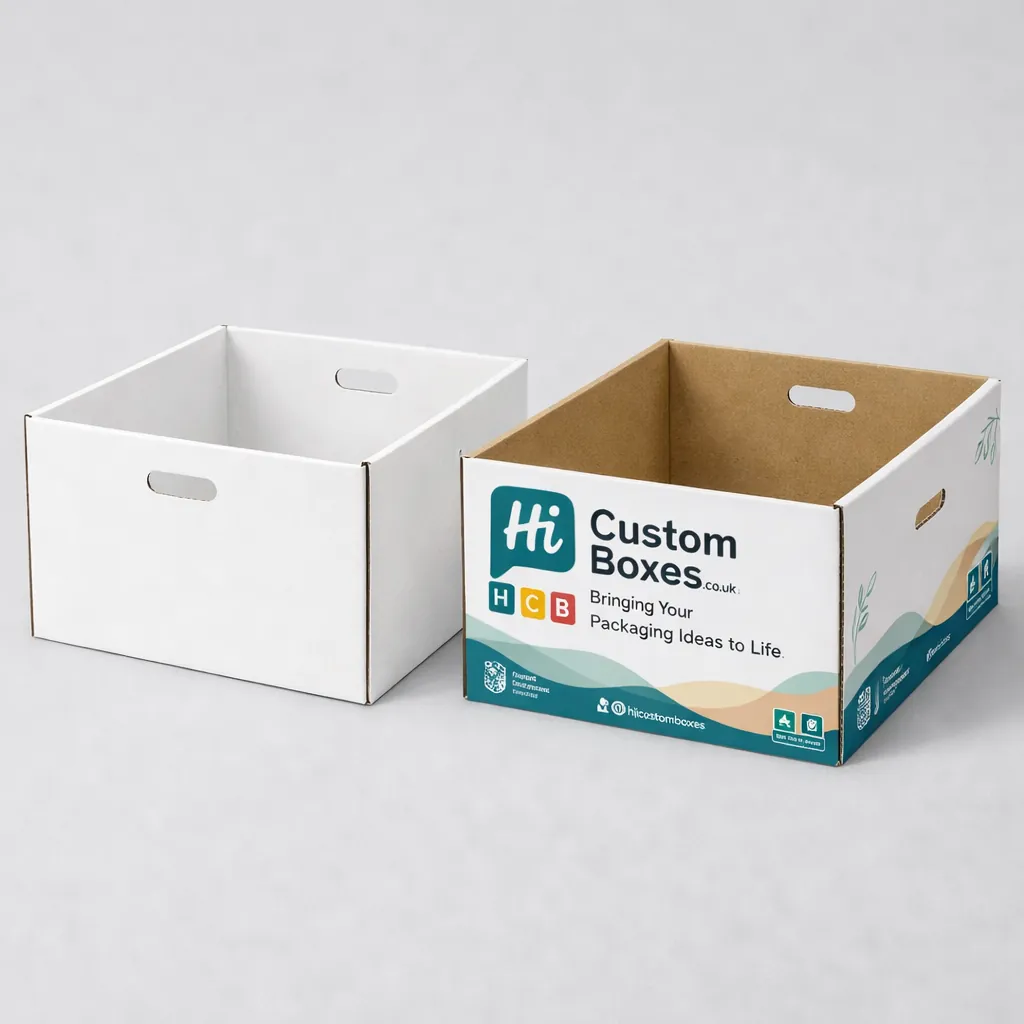 Open white and custom printed corrugated storage boxes featuring die-cut handle holes for easy carrying. class=